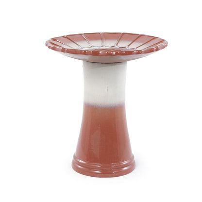 Handmade glazed ceramic bird bath with scalloped rim and white interior pedestal on Tampa Home & Garden Store