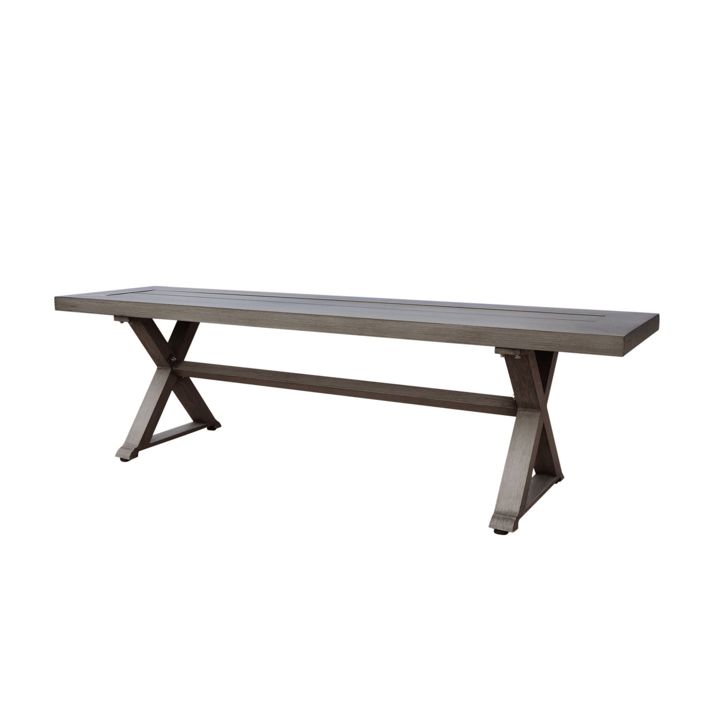 Modern aluminum outdoor dining bench with X base in dark gray by HouseOfZazla on Tampa Home & Garden Store