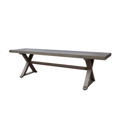 Modern aluminum outdoor dining bench with X base in dark gray by HouseOfZazla on Tampa Home & Garden Store