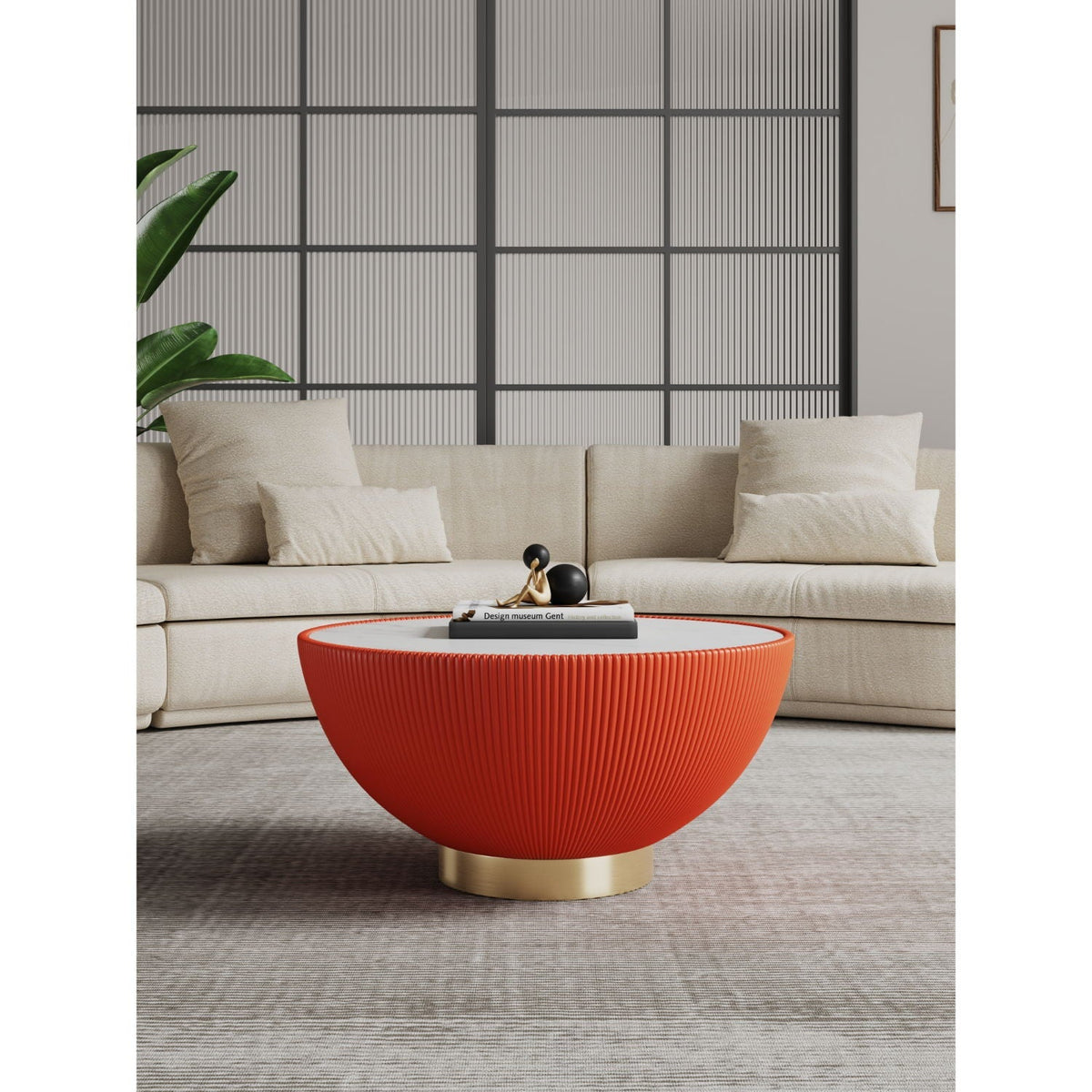Anderson Coffee Table with Sintered Stone Top orange ribbed circular base in a beige living room on Tampa Home & Garden Store