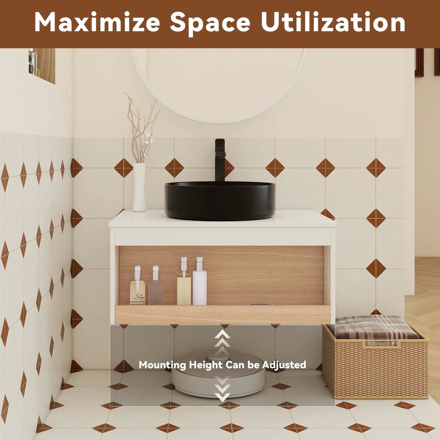 Floating bathroom vanity with glossy round vessel sink in black by Unique Piece Furniture on Tampa Home & Garden Store