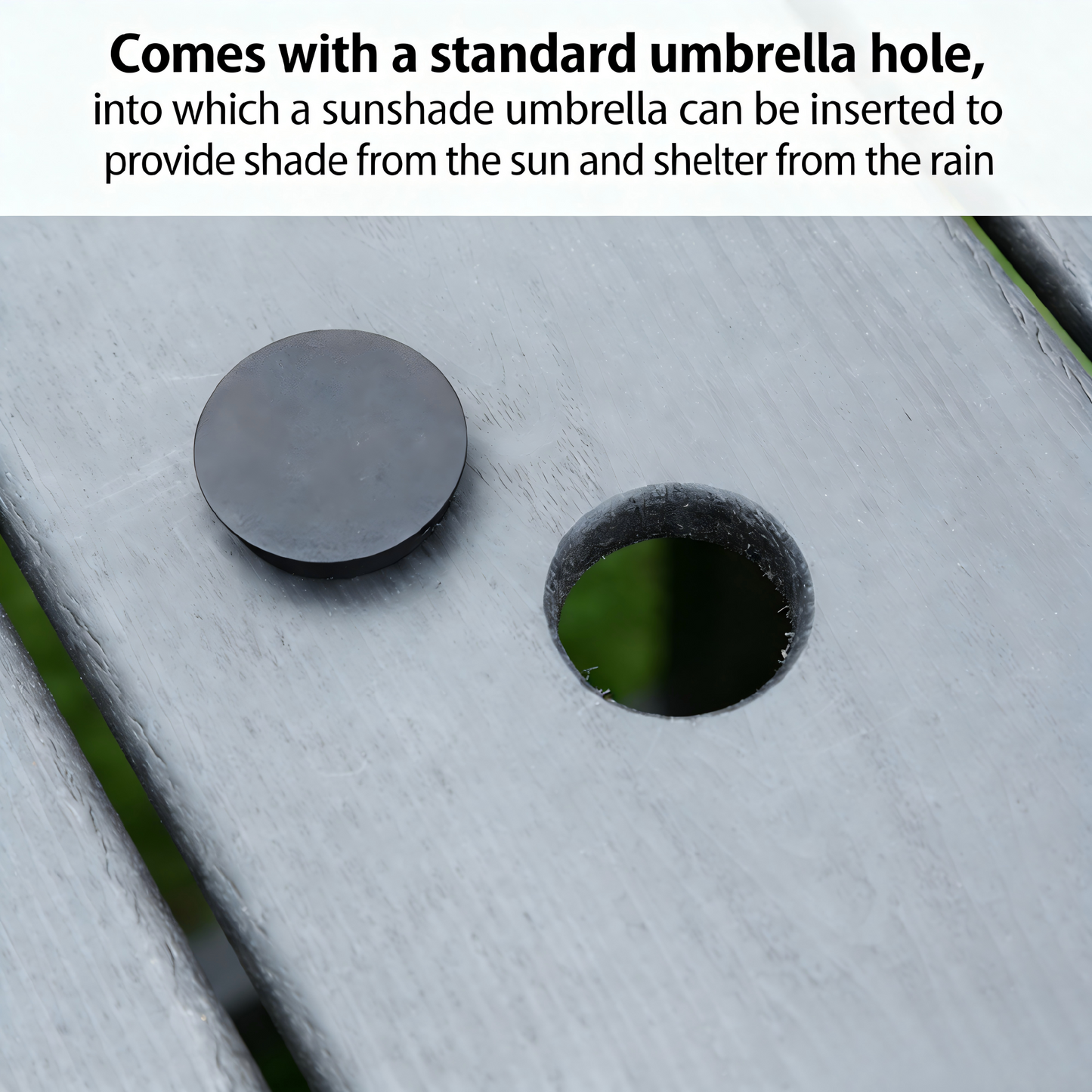 HDPE outdoor patio dining table with umbrella hole and caps, dark gray finish on Tampa Home & Garden Store