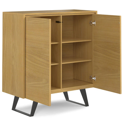Lowry medium handcrafted oak storage cabinet with open shelves and black metal legs on Tampa Home & Garden Store