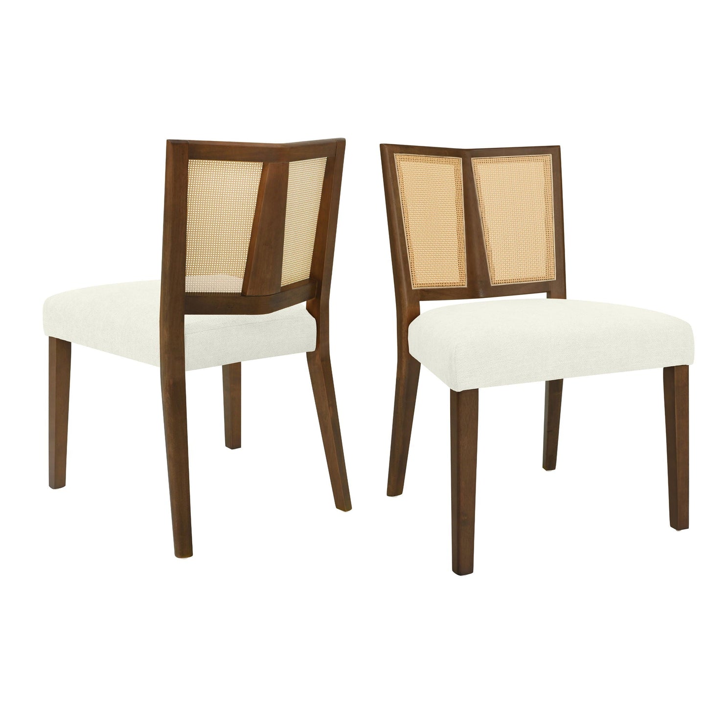 Mid Century Rattan Dining Chairs armless, dark wood caned backs, light upholstery, 2 chairs on Tampa Home & Garden Store