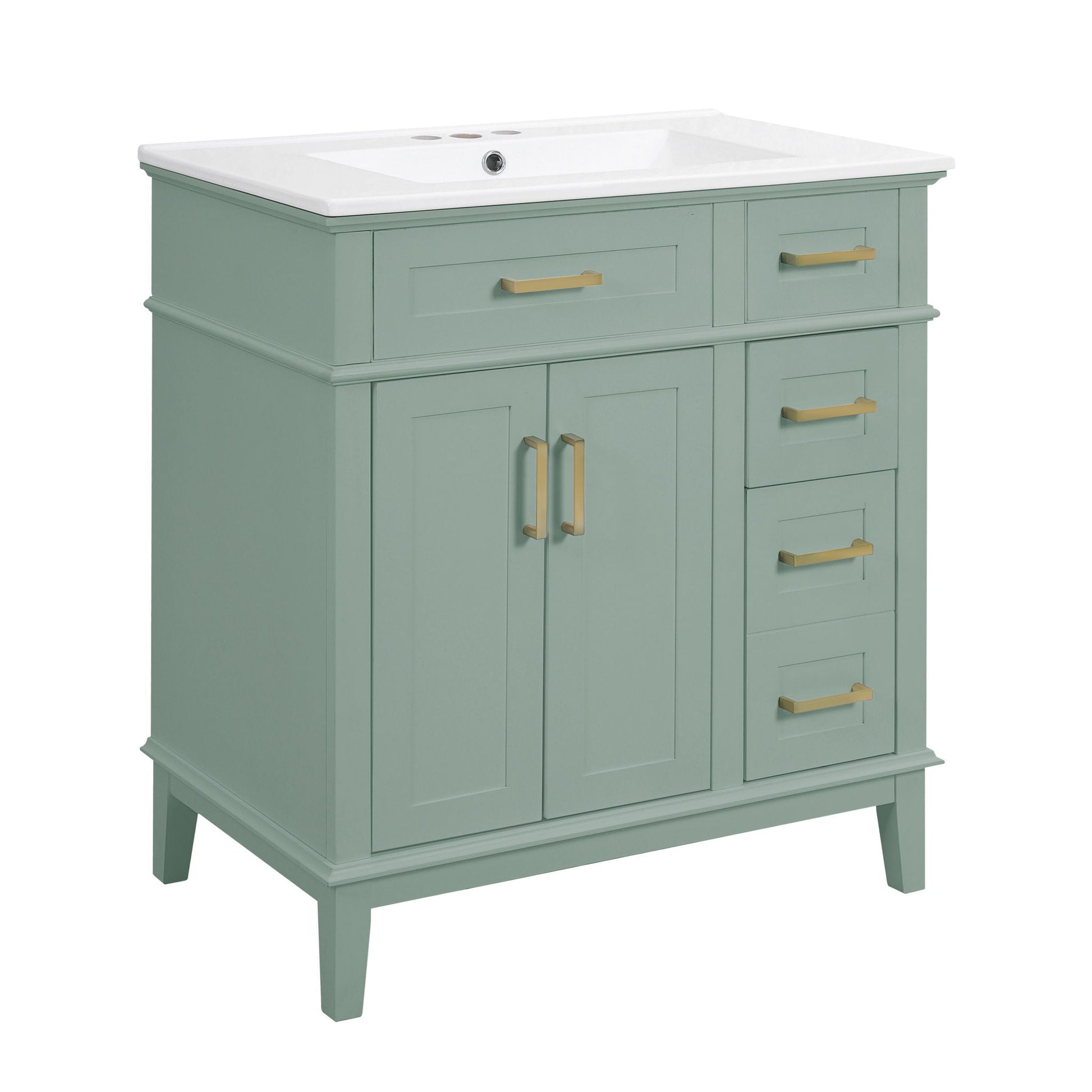 Modern bathroom vanity with sink in sage green, white countertop and gold hardware on Tampa Home & Garden Store