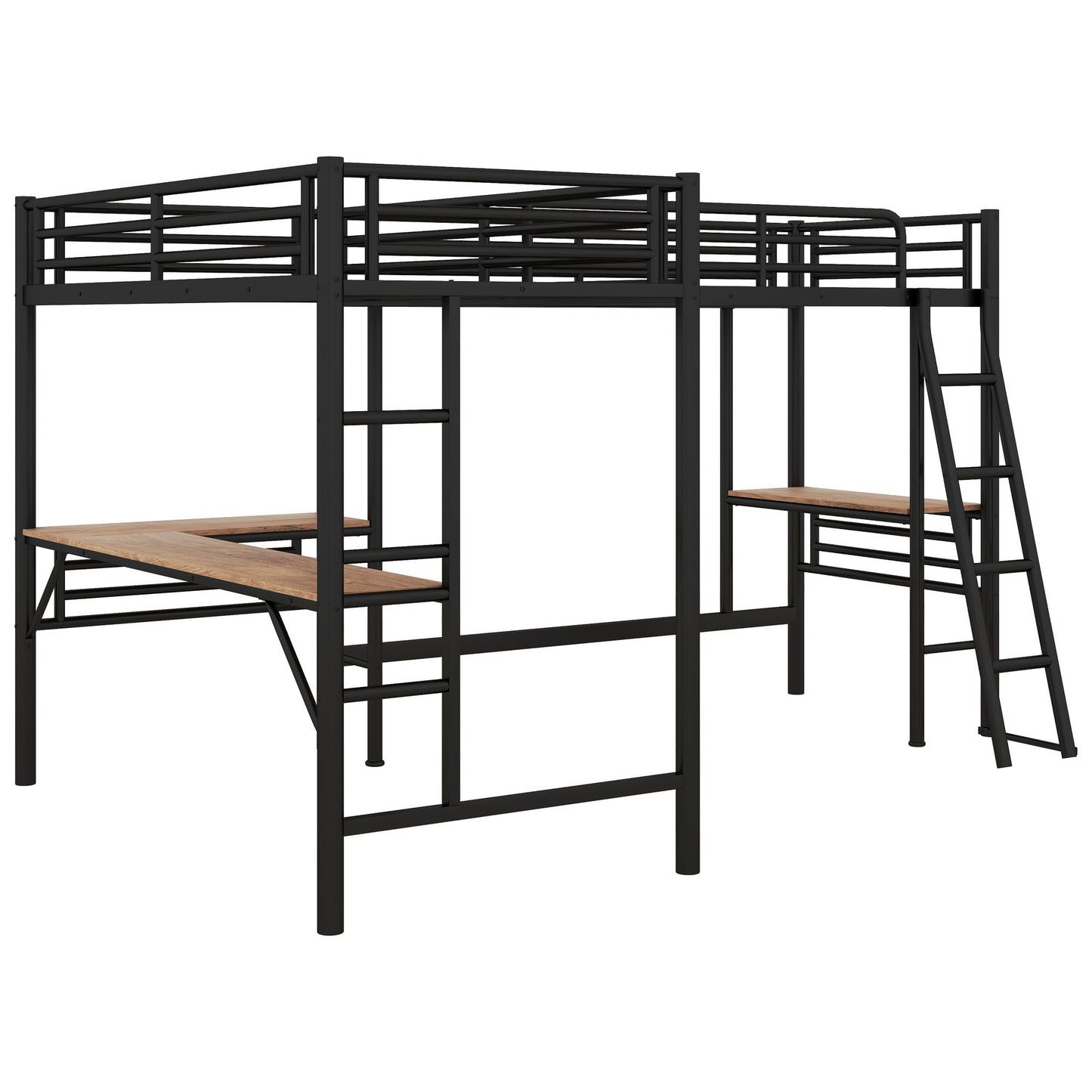Twin loft bed with 2 built-in desks in black Mission-style metal frame, ladder on side on Tampa Home & Garden Store