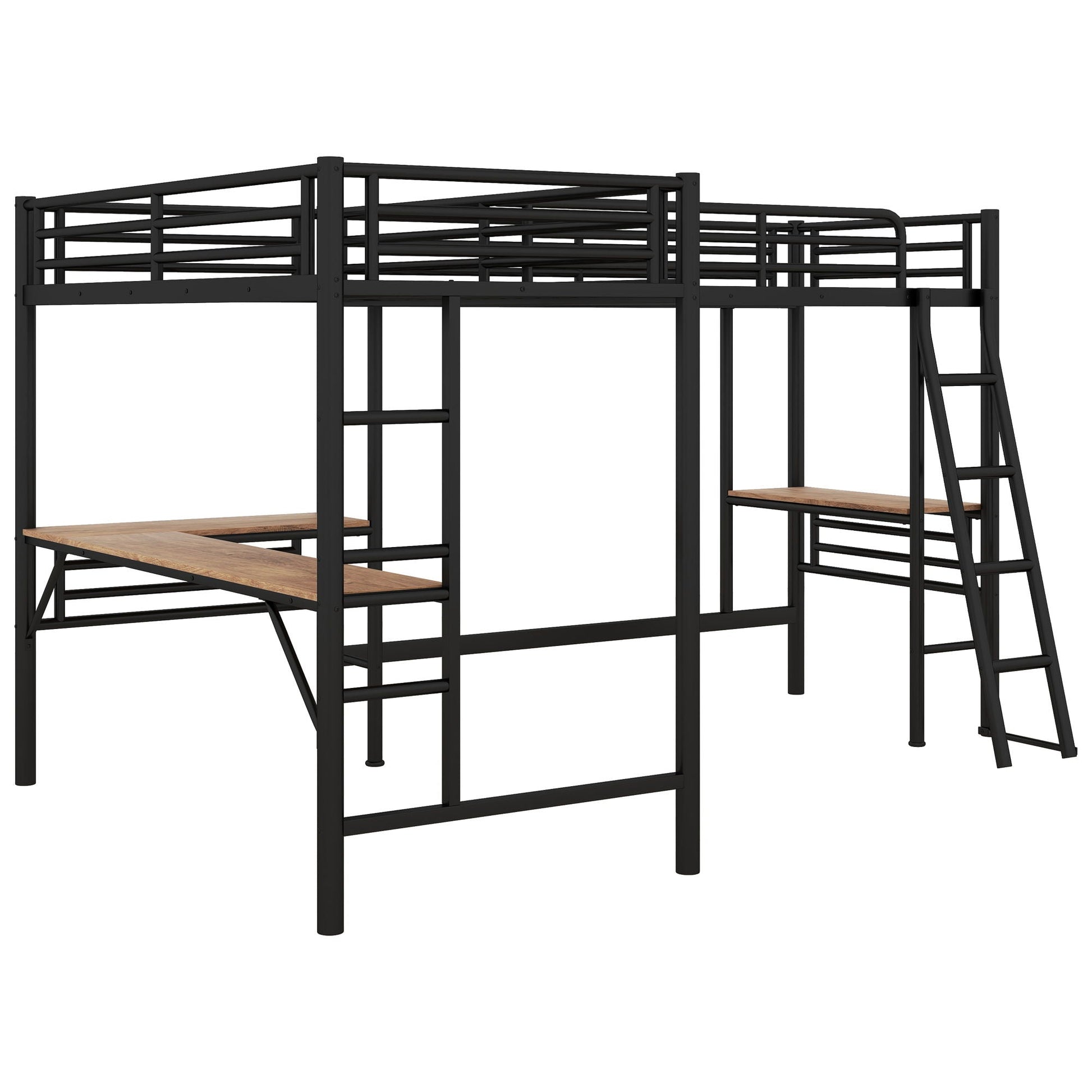 Twin loft bed with 2 built-in desks in black Mission-style metal frame, ladder on side on Tampa Home & Garden Store