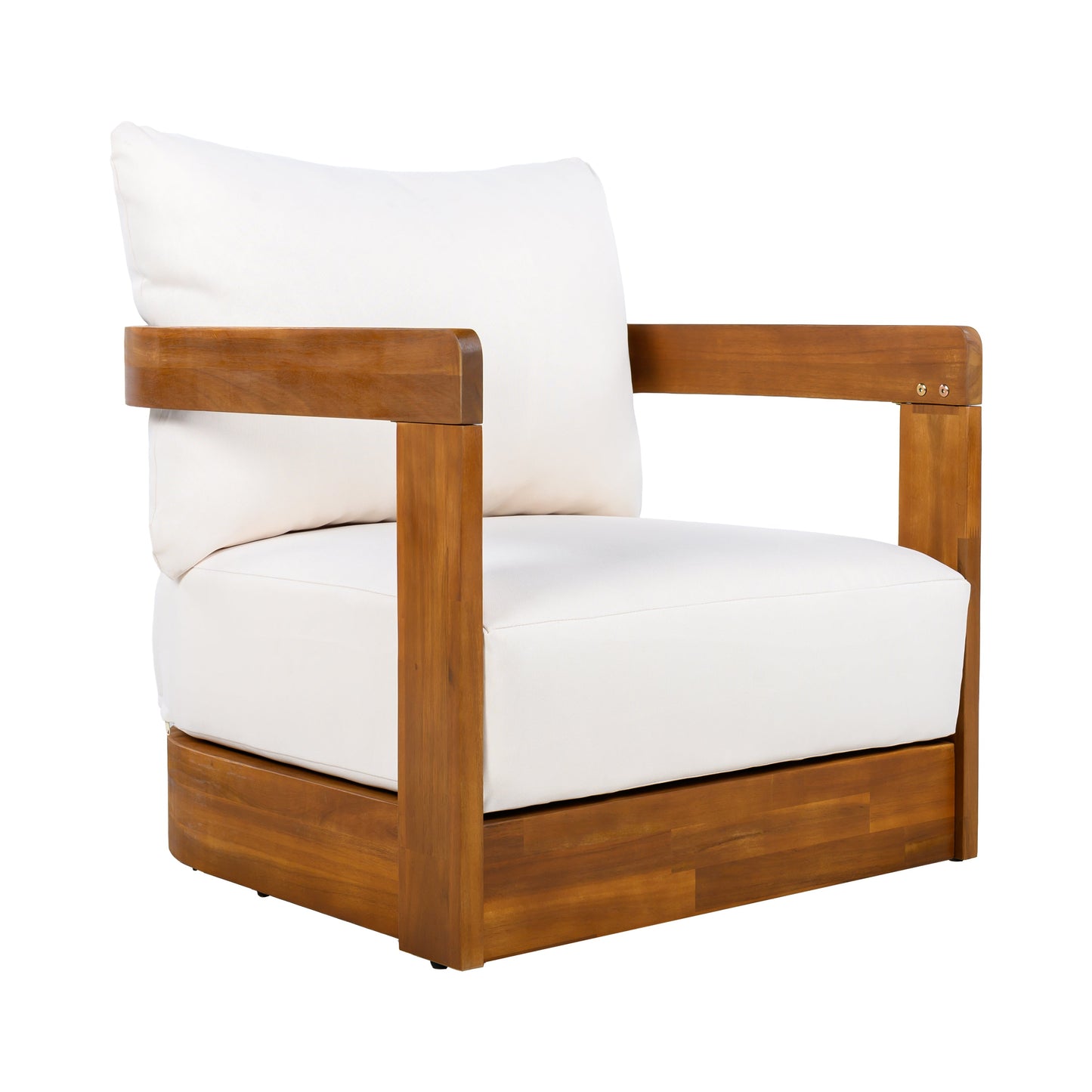 Premium Acacia Wood Outdoor Club Chair by HouseOfZazla with white cushions on Tampa Home & Garden Store