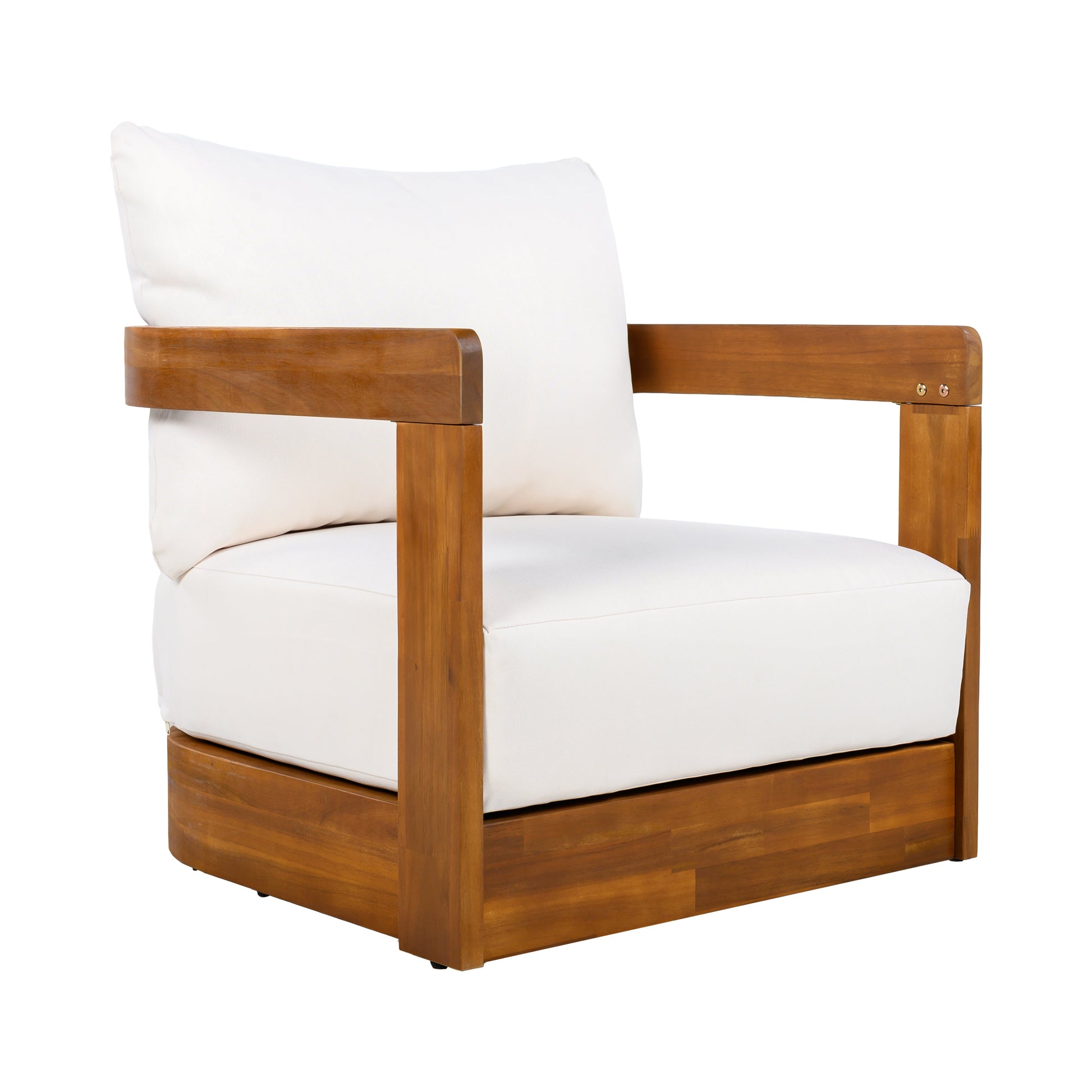 Premium Acacia Wood Outdoor Club Chair by HouseOfZazla with white cushions on Tampa Home & Garden Store