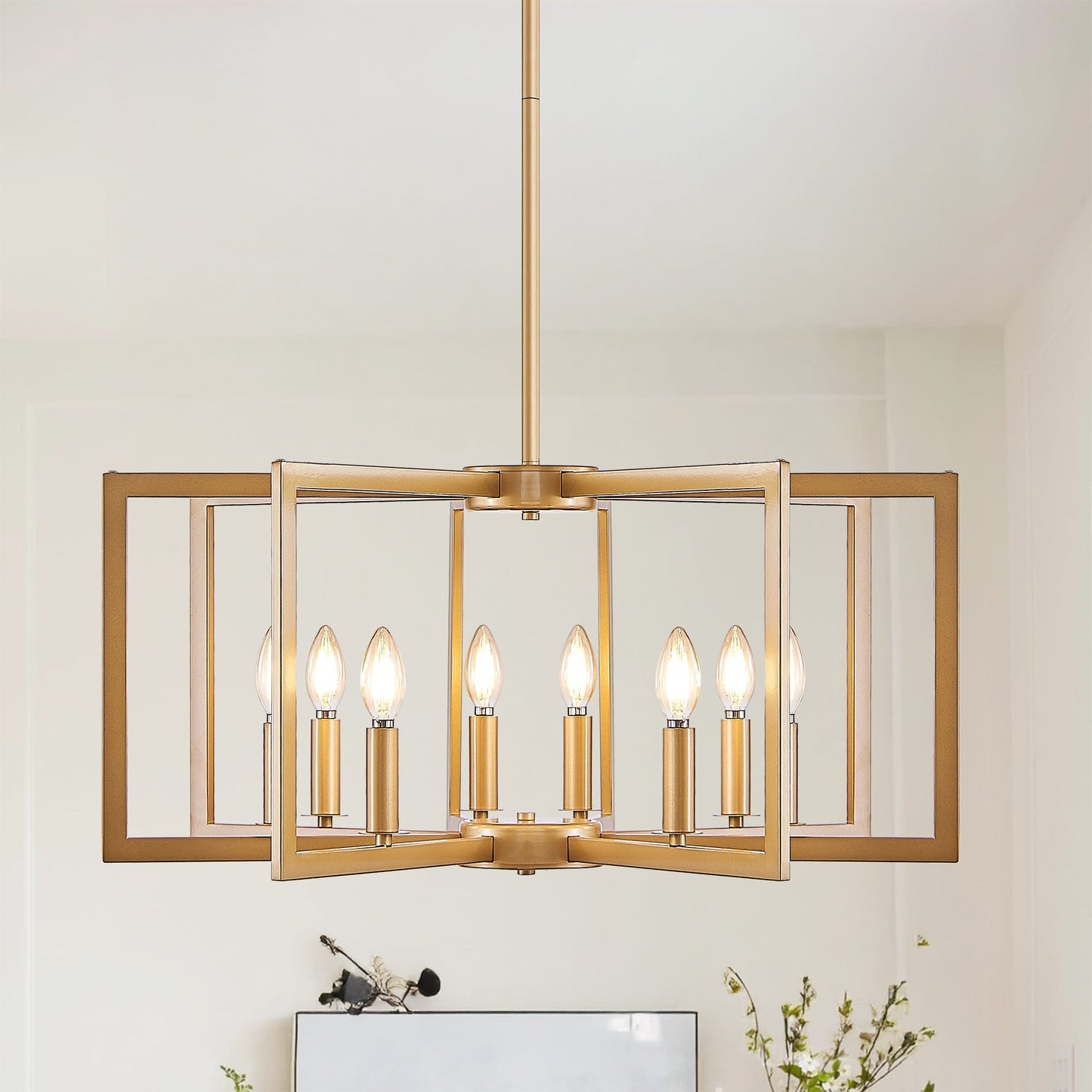 27' Modern Golden Geometric 8-Light Chandelier with brass rectangular frame on Tampa Home & Garden Store