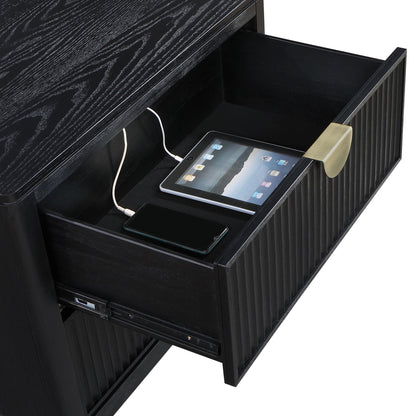 Ennis 4 Piece Bedroom Set in black wood with drawer fronts open drawer shows tablet and cables on Tampa Home & Garden Store