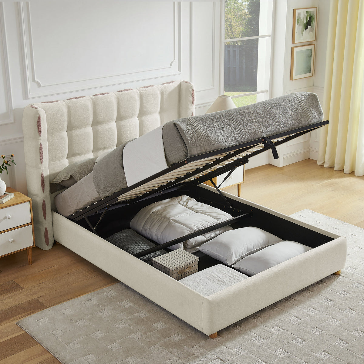 Queen Size Removable Chenille Wingback Bed in ivory with waffle tufting by HouseOfZazla on Tampa Home & Garden Store