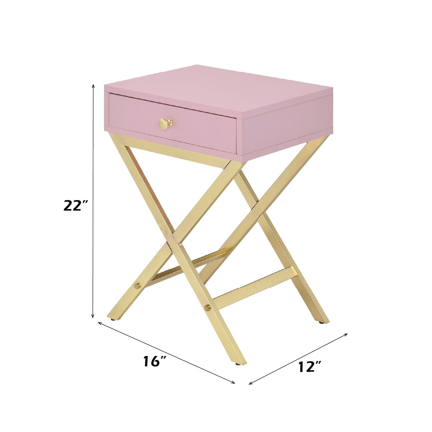 Coleen elegant design accent table pink finish with single drawer and gold X-frame legs on Tampa Home & Garden Store