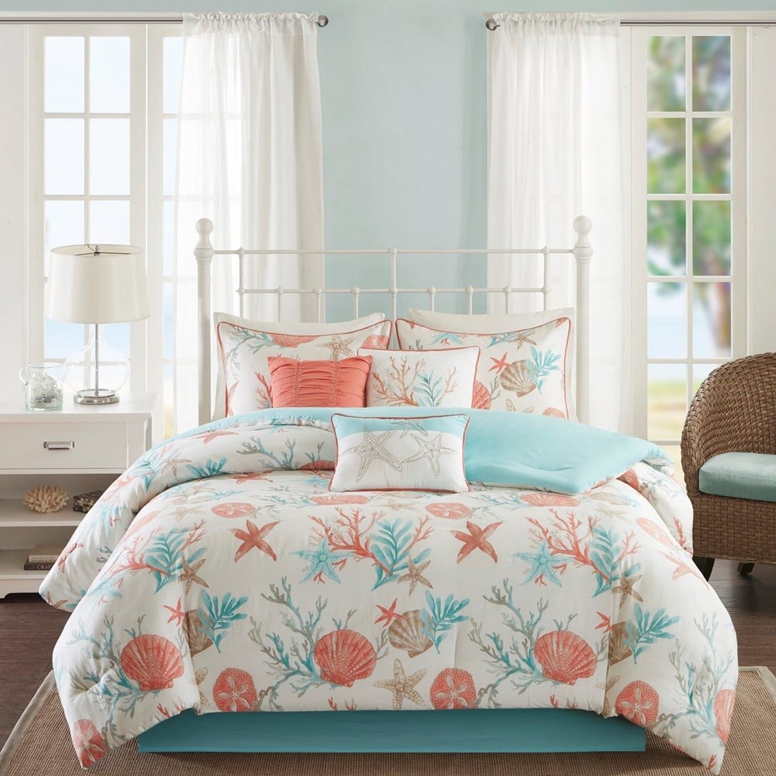 7 Piece Coral Sateen Comforter Set and a King Bed