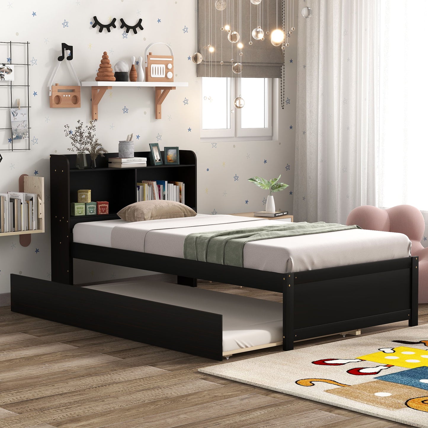 Twin Bed With Trundle And Storage Bookcase