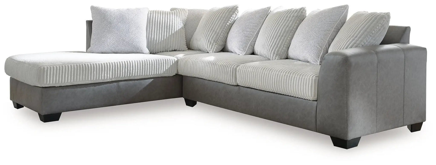 Clairette Court Sectional, L-shaped gray fabric sofa with light cream ribbed cushions on Tampa Home & Garden Store