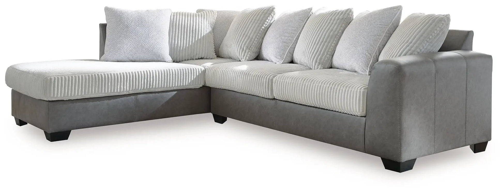 Clairette Court Sectional, L-shaped gray fabric sofa with light cream ribbed cushions on Tampa Home & Garden Store