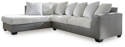 Clairette Court Sectional, L-shaped gray fabric sofa with light cream ribbed cushions on Tampa Home & Garden Store