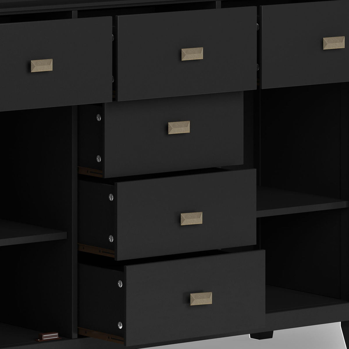 Solid wood sideboard with black finish, multiple drawers and brass rectangular pulls on Tampa Home & Garden Store