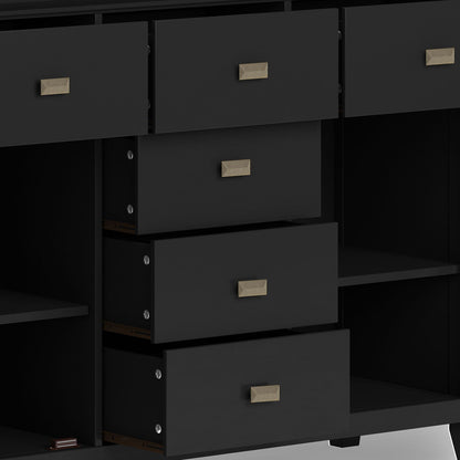 Solid wood sideboard with black finish, multiple drawers and brass rectangular pulls on Tampa Home & Garden Store