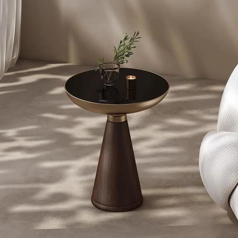 Tempered Glass Round Side Table with black top and dark wood base on Tampa Home & Garden Store