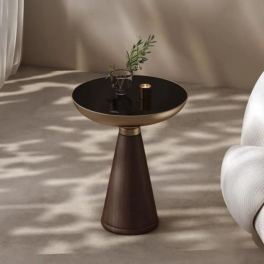 Tempered Glass Round Side Table with black top and dark wood base on Tampa Home & Garden Store