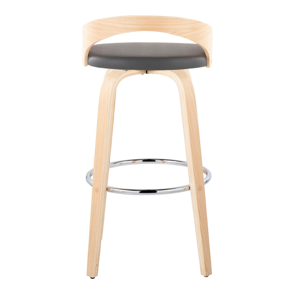 Barstool fixed-height with gray cushion, natural wood frame and chrome footrest on Tampa Home & Garden Store