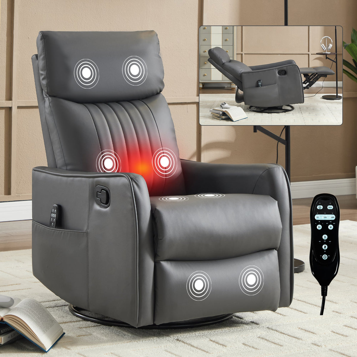 Grey faux leather heat massage recliner chair by HouseOfZazla with rocker and swivel on Tampa Home & Garden Store