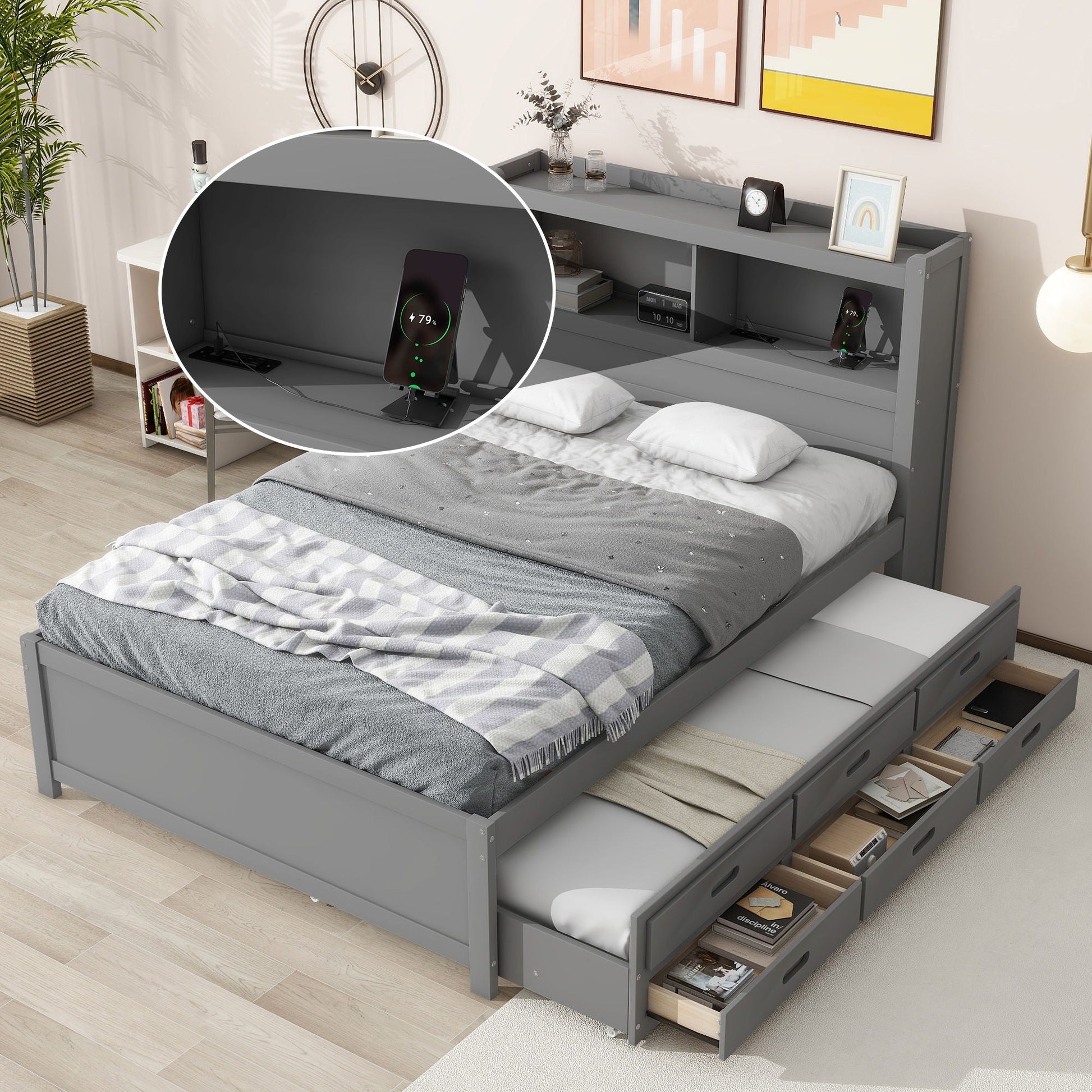 Full-size platform bed with trundle, drawers, USB ports and shelves in gray by HouseOfZazla on Tampa Home & Garden Store