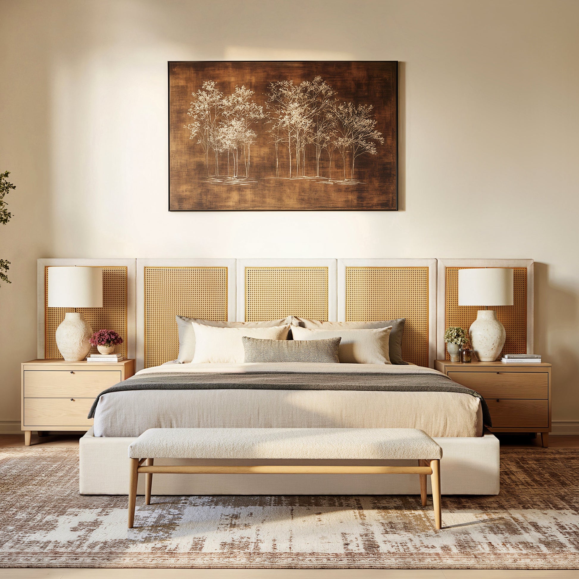 Capri Extended Cane Platform Bed Antique by HouseOfZazla with caned headboard and wood frame on Tampa Home & Garden Store