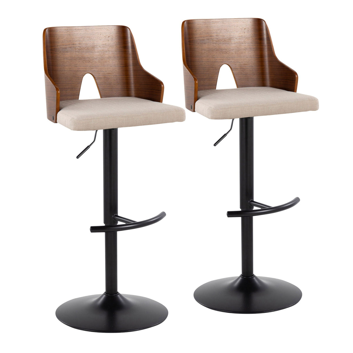 Mid-Century barstool set with swivel, 2 chairs, beige cushions, wood back, HouseOfZazla on Tampa Home & Garden Store
