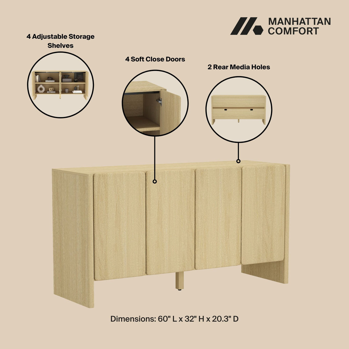 Linda Sideboard by HouseOfZazla with adjustable shelves and soft-close doors in brown/gray on Tampa Home & Garden Store