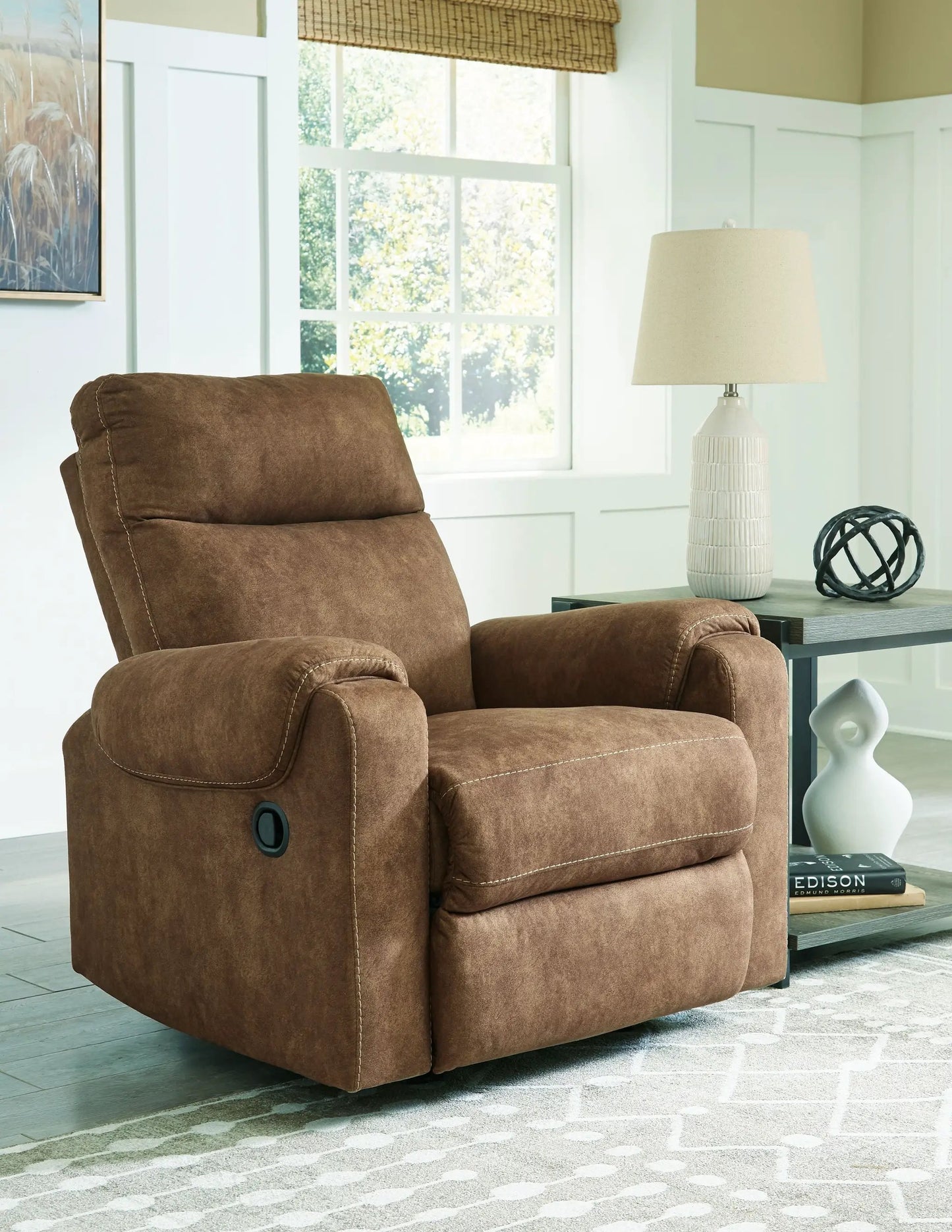 Edenwold Rocker Recliner brindle brown upholstery with visible contrast stitching on Tampa Home & Garden Store