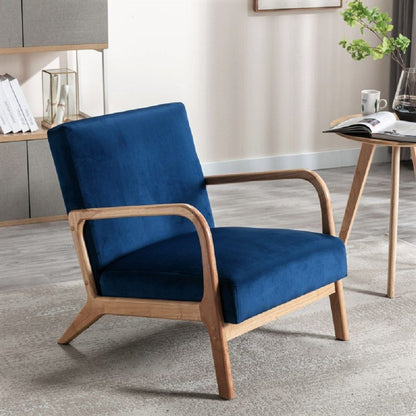 Classic Mid-Century Modern Accent Arm Chair in blue velvet with light wood frame HouseOfZazla on Tampa Home & Garden Store