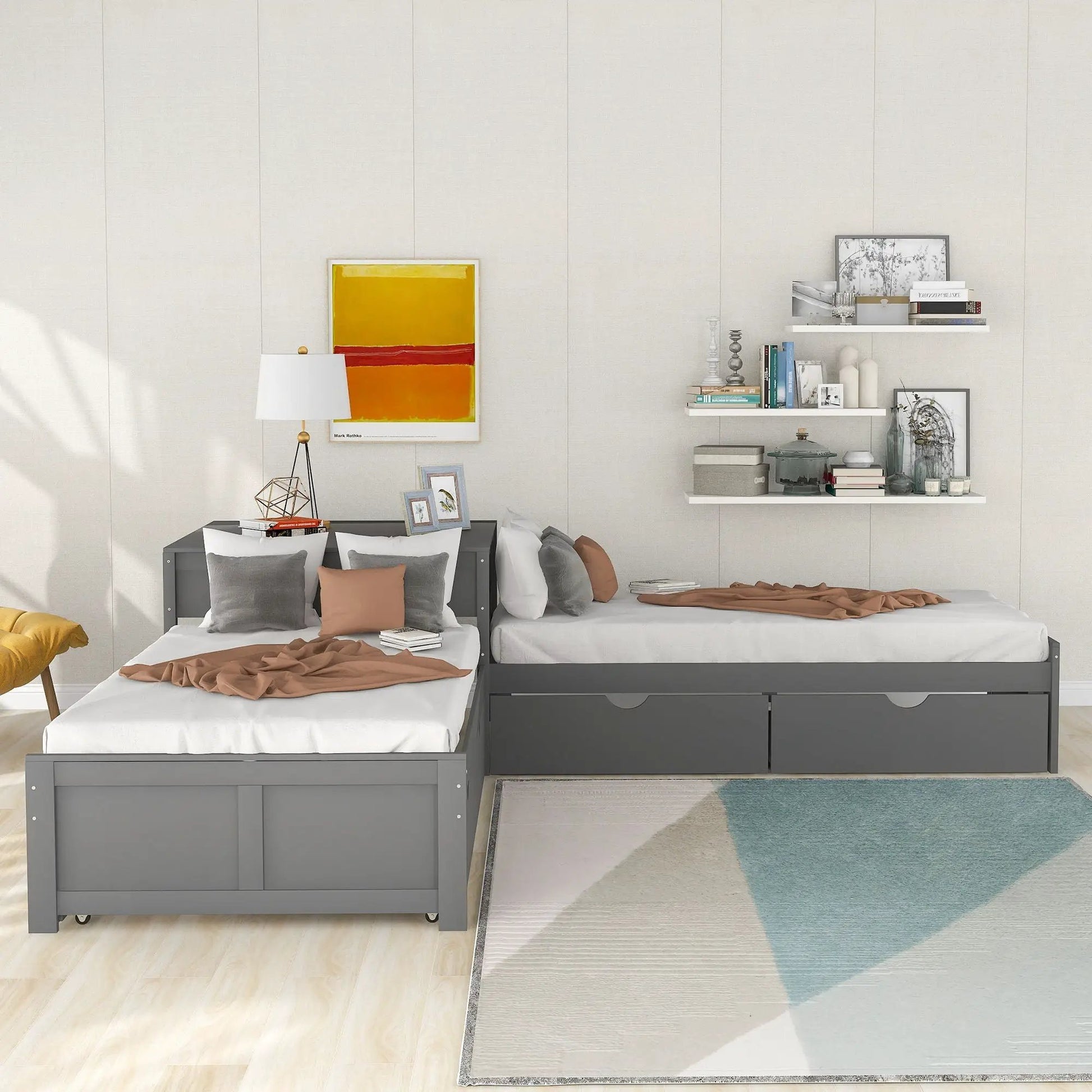 Gray L-shaped platform bed with built-in desk, trundle and drawers; two twin beds on Tampa Home & Garden Store
