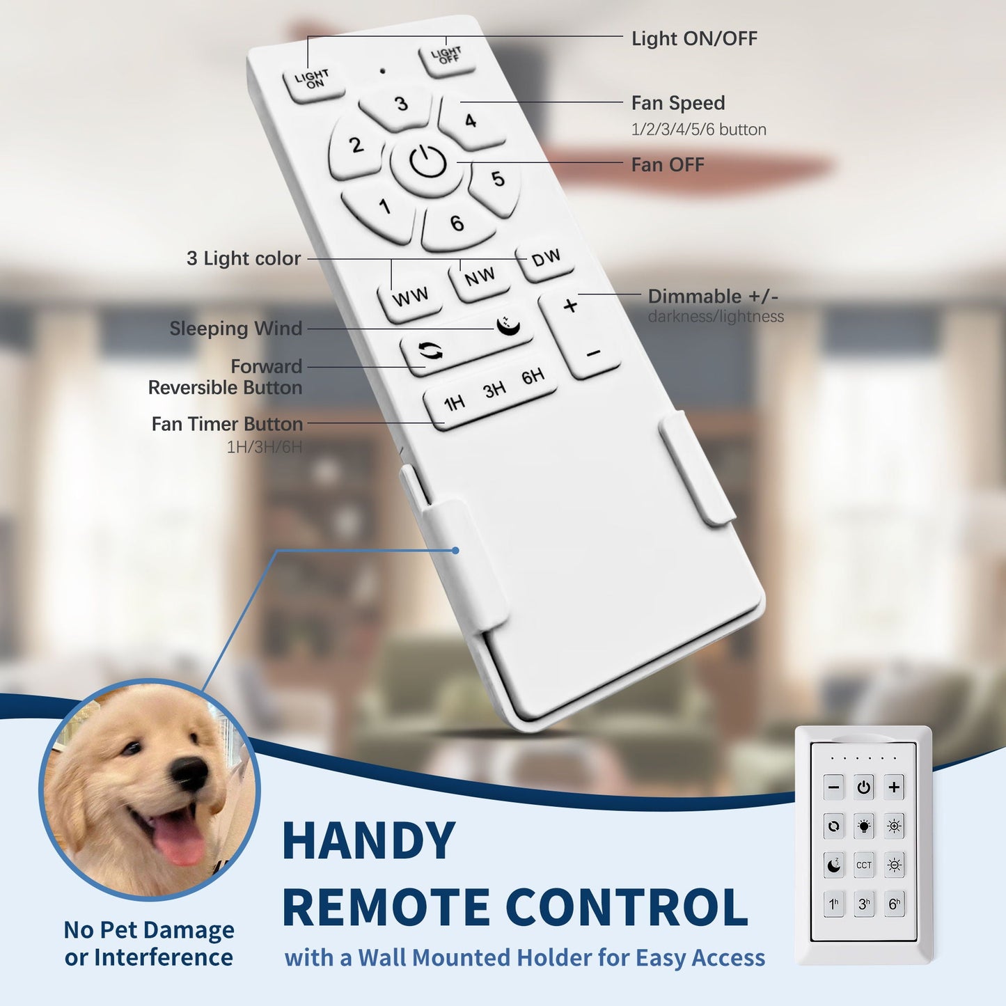 HouseOfZazla ceiling fan remote, white handheld with light and fan speed buttons on Tampa Home & Garden Store