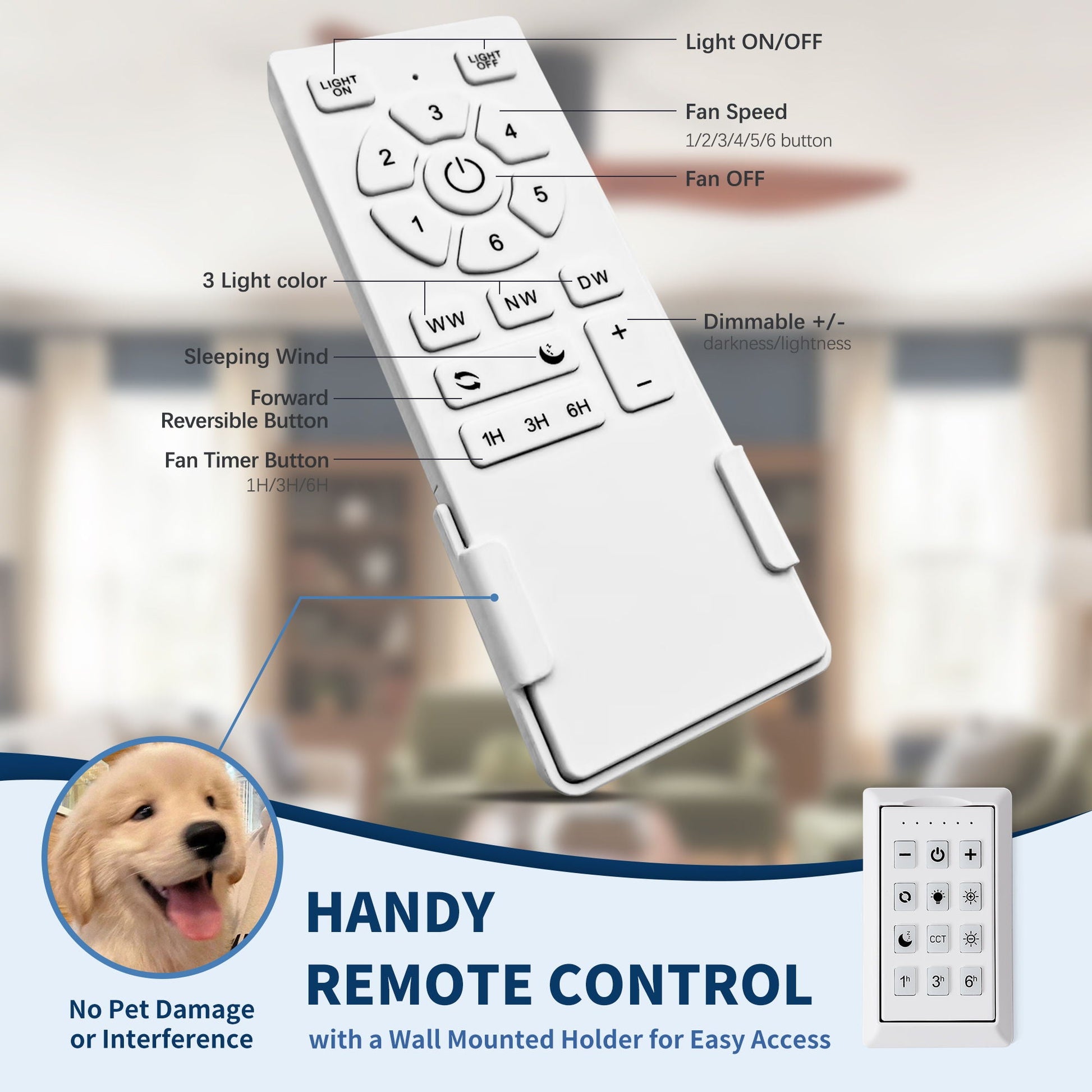 HouseOfZazla ceiling fan remote, white handheld with light and fan speed buttons on Tampa Home & Garden Store