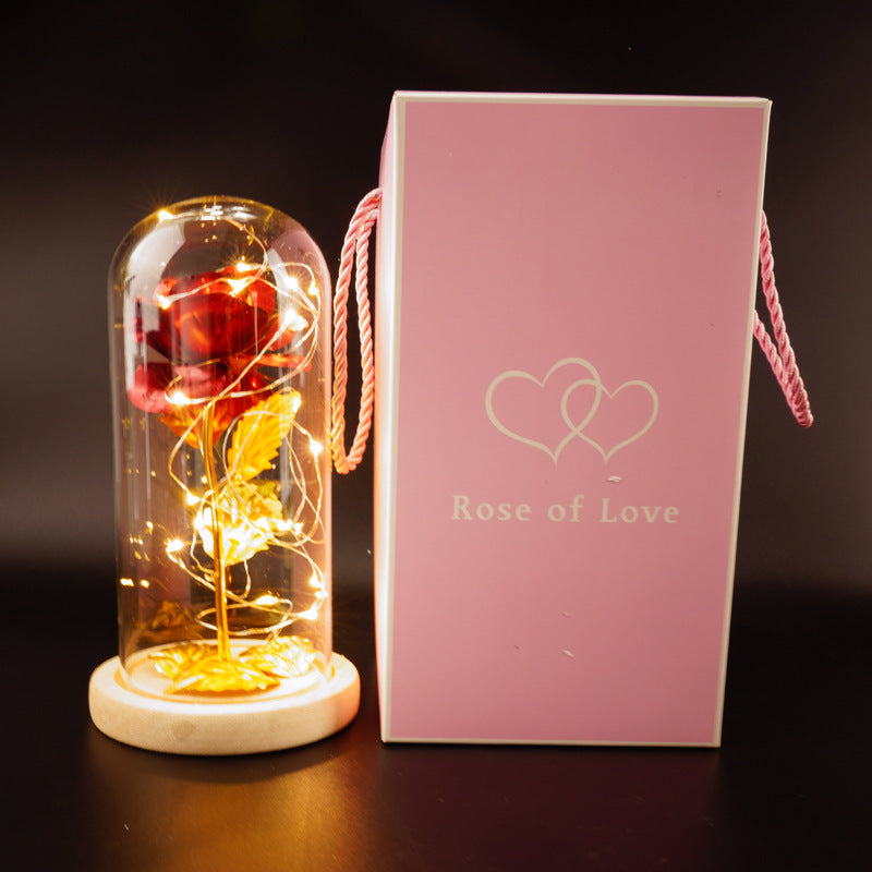 Gold Foil Rose under glass dome with lights pink Rose of Love gift box by Sell My Stuff on Tampa Home & Garden Store