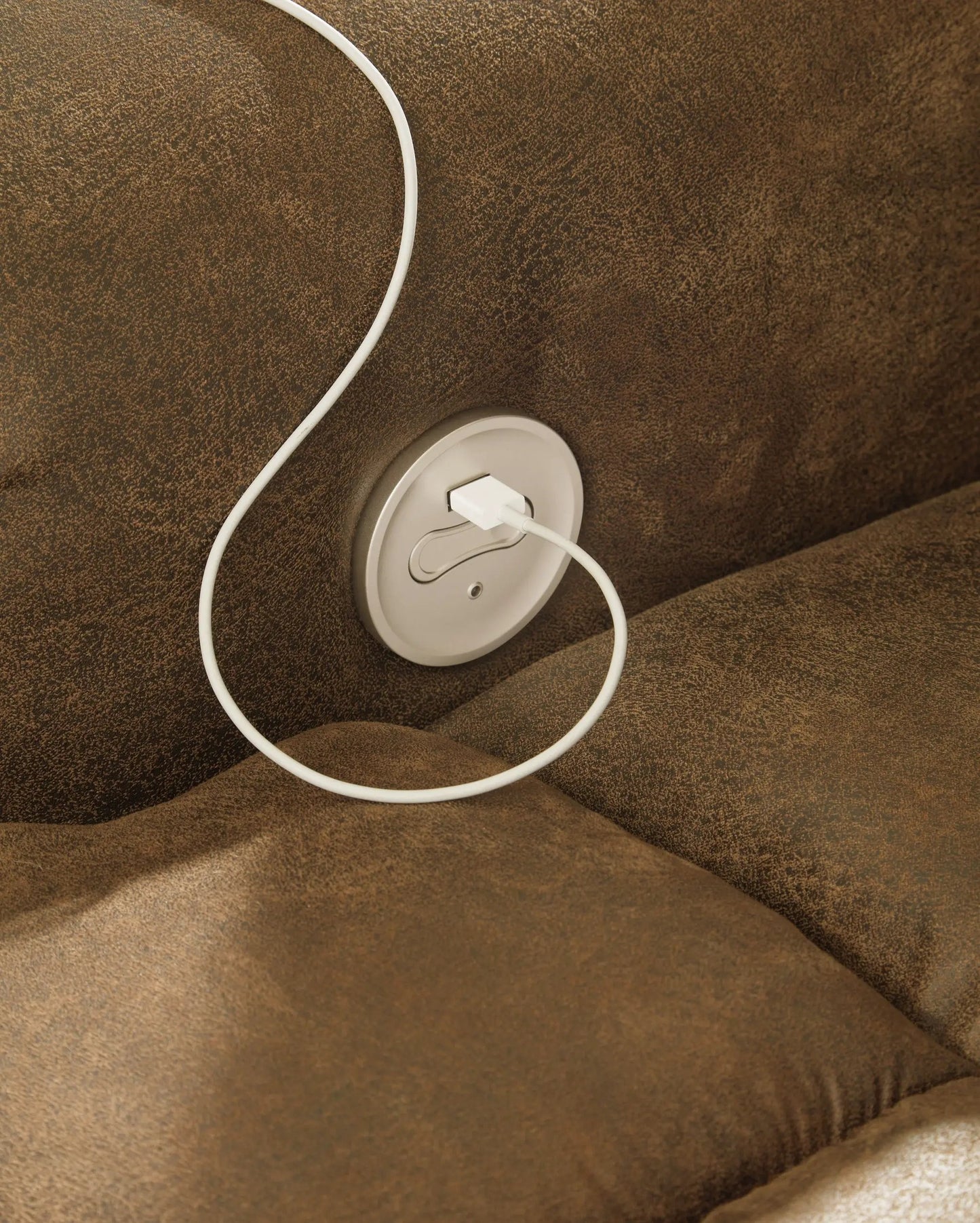Boothbay 2 Seat Reclining Sofa in brown textured fabric with visible cord and outlet on Tampa Home & Garden Store