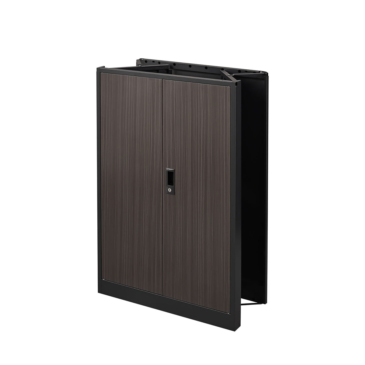 Metal storage cabinet with locking doors and adjustable shelf, dark wood veneer on Tampa Home & Garden Store