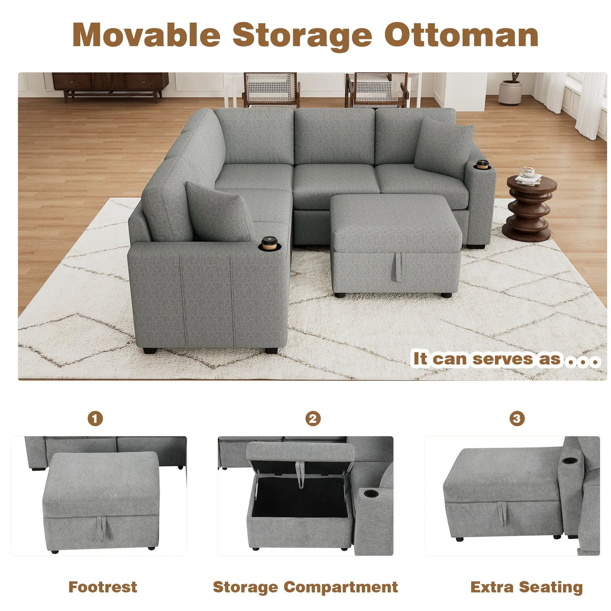 2-piece sectional sofa bed with movable storage ottoman in gray fabric by Unique Piece Furniture on Tampa Home & Garden Store
