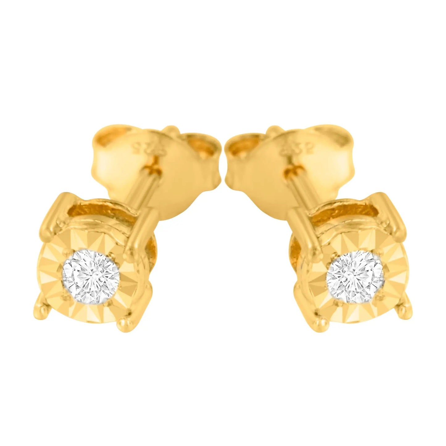 Gold-plated sterling silver round diamond stud earrings with faceted halo setting (pair) on Tampa Home & Garden Store