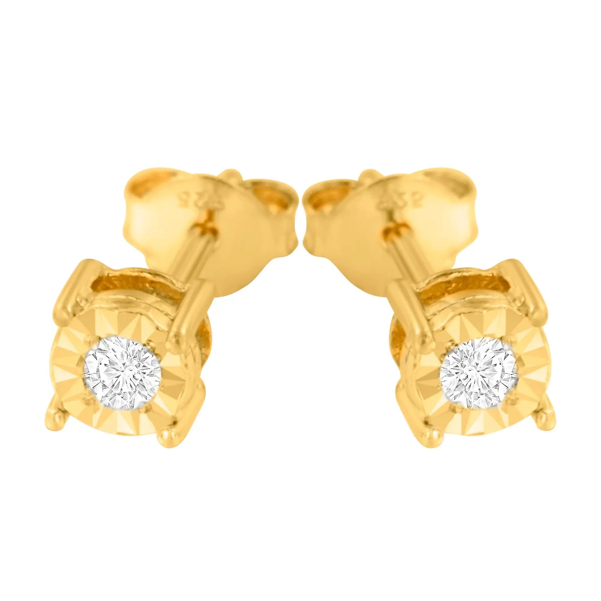 Gold-plated sterling silver round diamond stud earrings with faceted halo setting (pair) on Tampa Home & Garden Store