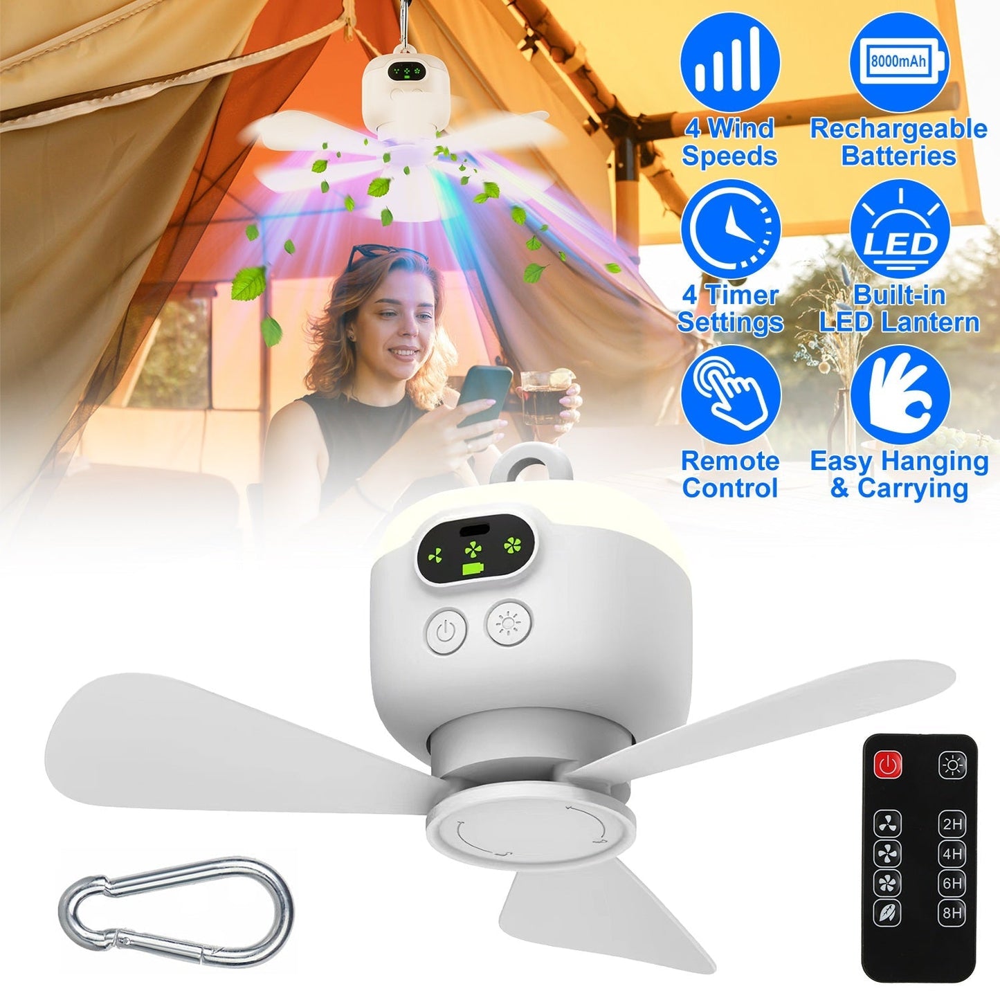 GemGear 2-in-1 camping fan with LED lantern, white plastic, 8000mAh battery, remote on Tampa Home & Garden Store