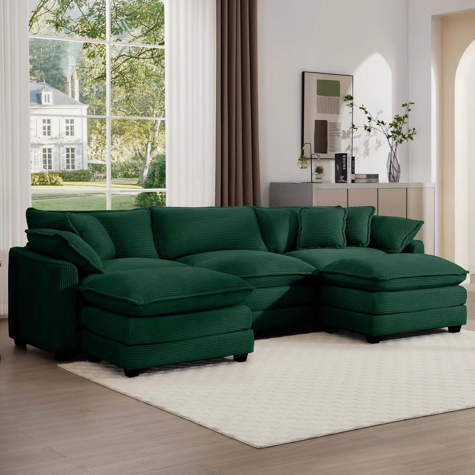 Modular oversized green sofa set with ottoman, deep cushions, low back by Unique Piece Furniture on Tampa Home & Garden Store