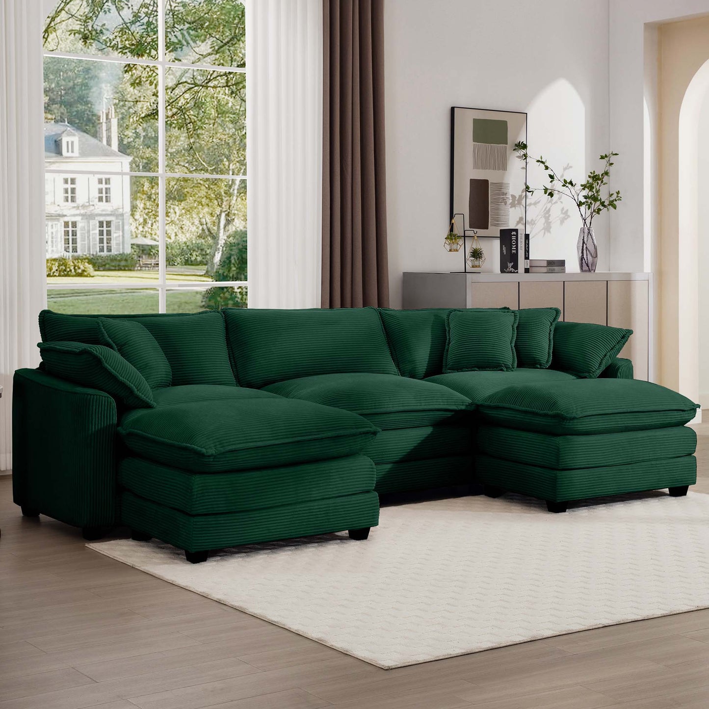 Modern Oversized Modular Cushion Sofa with Ottoman in deep green upholstery, low back 2pc set on Tampa Home & Garden Store