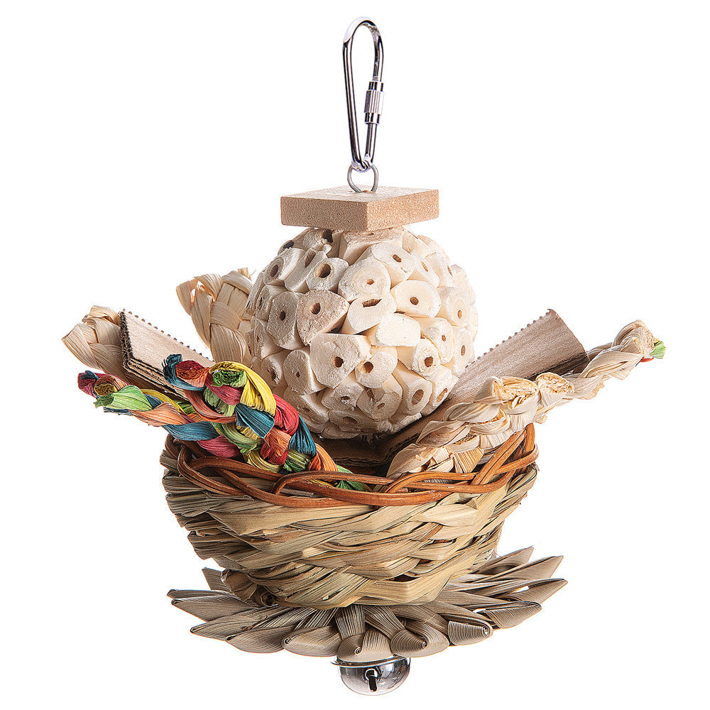 Parrot bird toy gnawing molar with wooden bead ball and woven nest with rope accents on Tampa Home & Garden Store