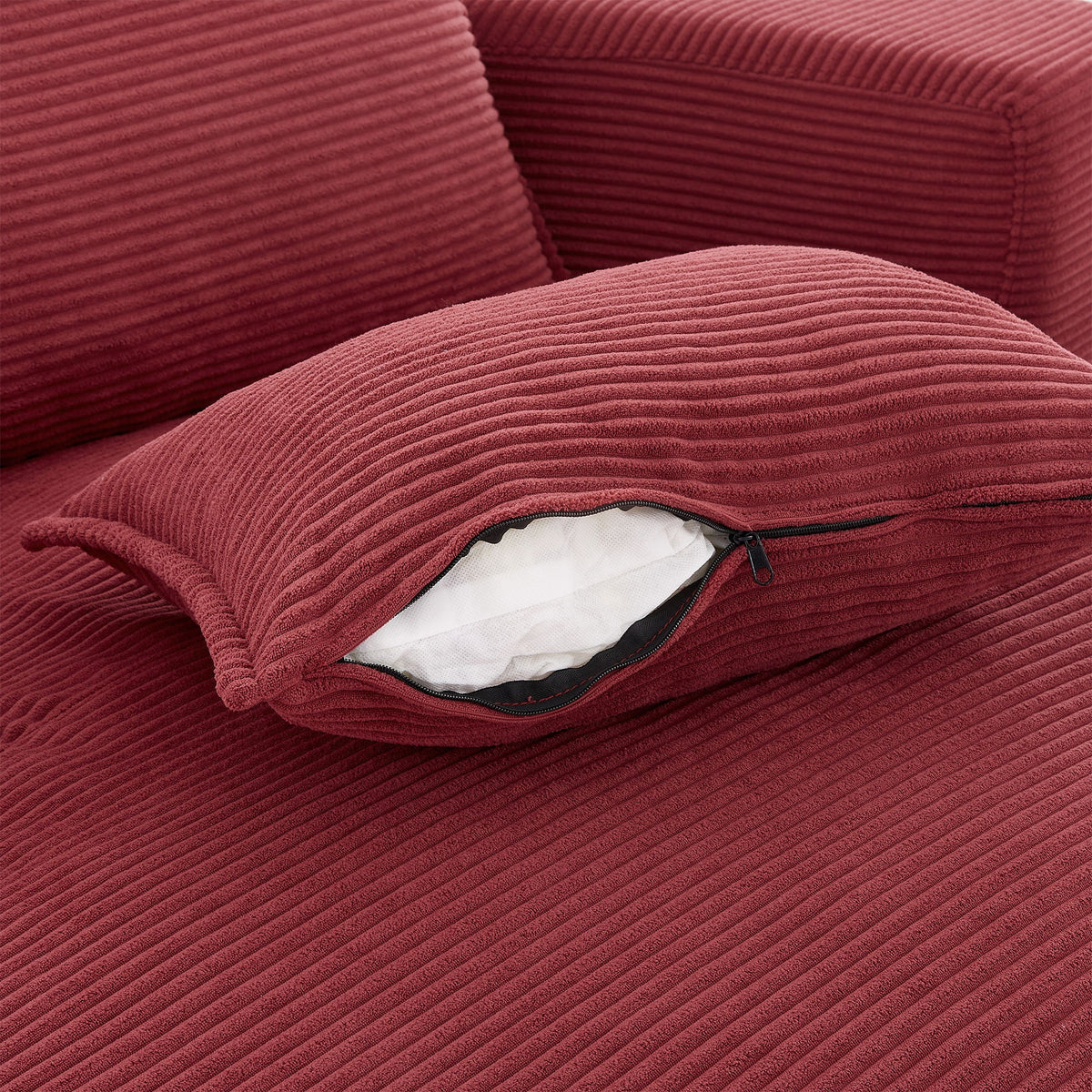 Swivel barrel chair red corduroy closeup with zipper detail on Tampa Home & Garden Store