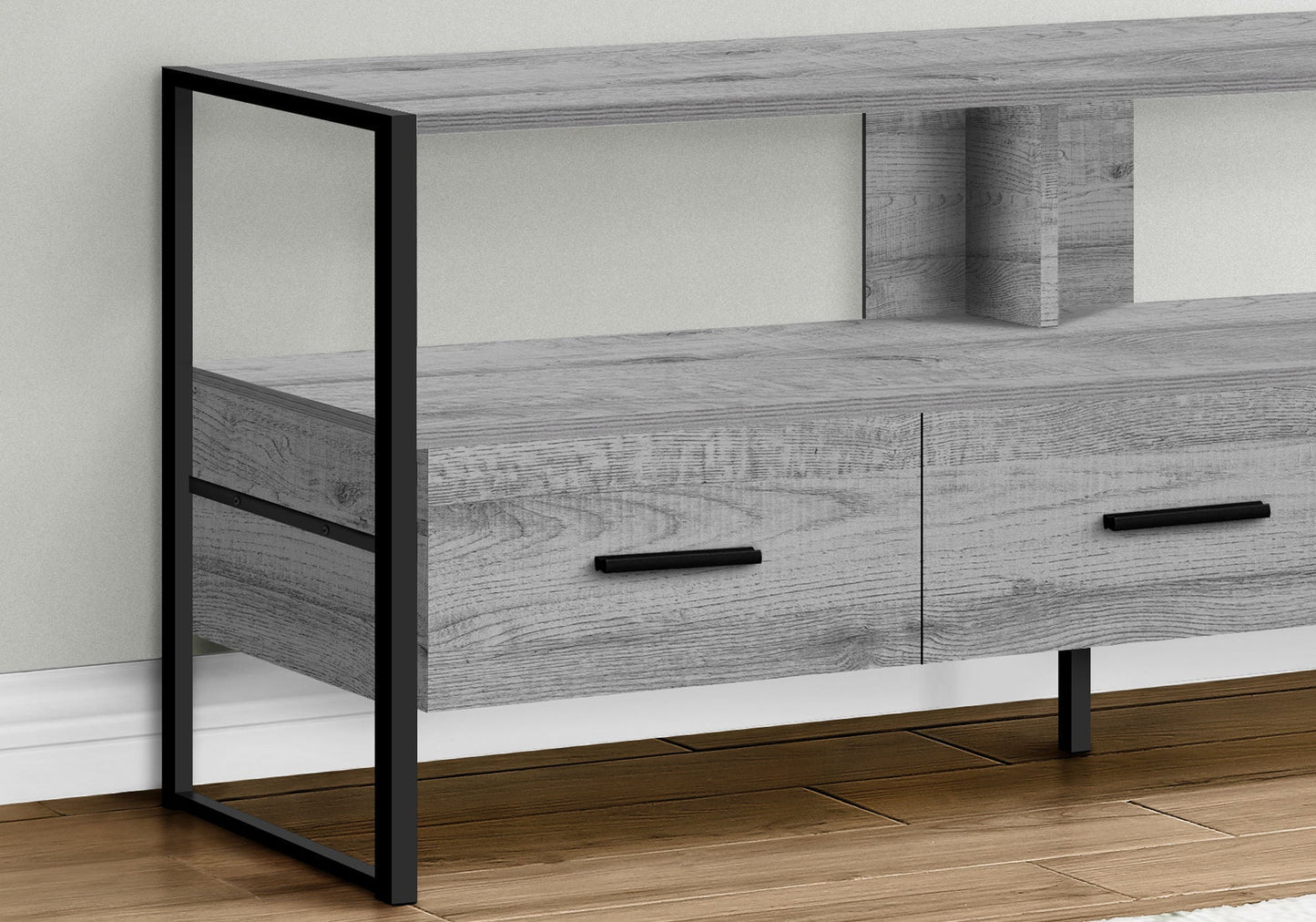 TV stand console with storage drawers, gray woodgrain, black metal frame, HouseOfZazla on Tampa Home & Garden Store