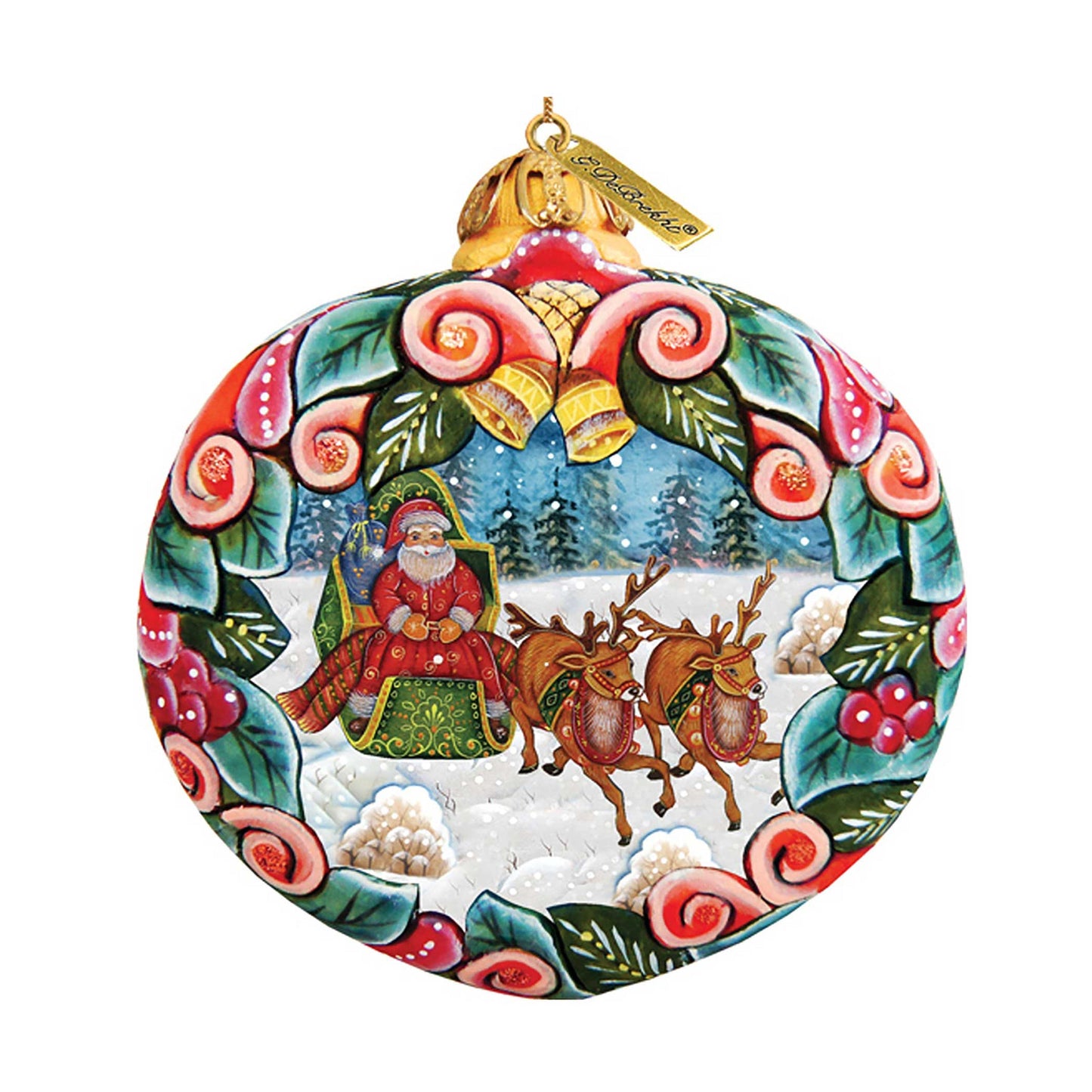 Sleigh Ride Sculpted Hand-Painted Christmas Ornament by G. DeBrekht with Santa and reindeer scene on Tampa Home & Garden Store